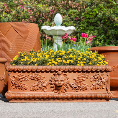 Vintage Lion Head Concrete Rectangular Planter - 42.5" L. x 19" W. x 14.5" H. Rust Colour