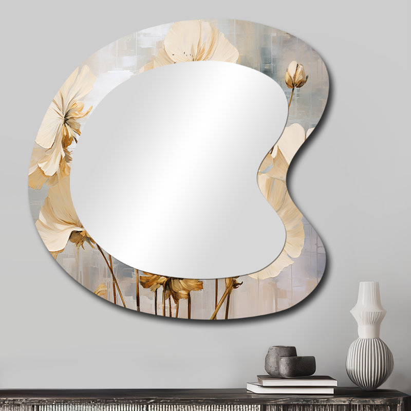Gabril Minimalism Beige And Blue Geraniums Flower - Geraniums Asymmetrical Unique Mirror, Beige Freeform Large Wall Mirror, Printed Metal Art