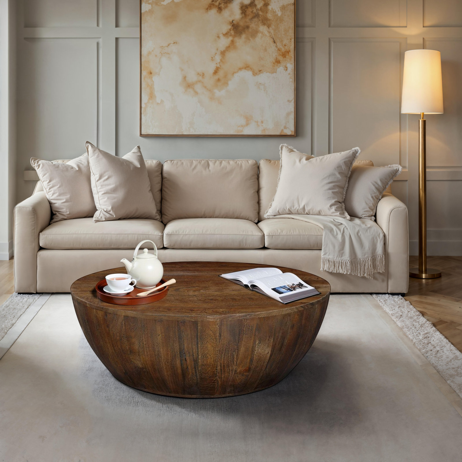 Teasdale Solid Wood Single Drum Coffee Table, Sandblasted Walnut Brown