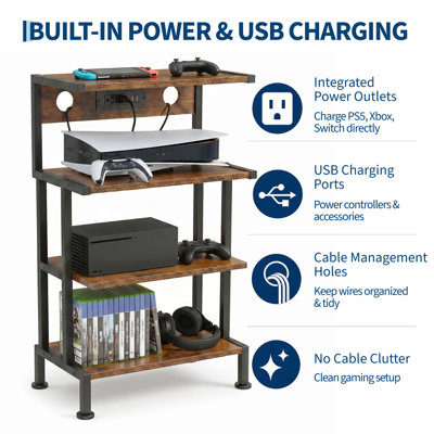 Meuble télé à 4 niveaux avec prise d'alimentation intégrée, support pour console de jeux et chaîne stéréo, 3 prises secteur, 2 ports USB, tablettes de rangement pour consoles, platine vinyle et composants audio, couleur bois de tigre