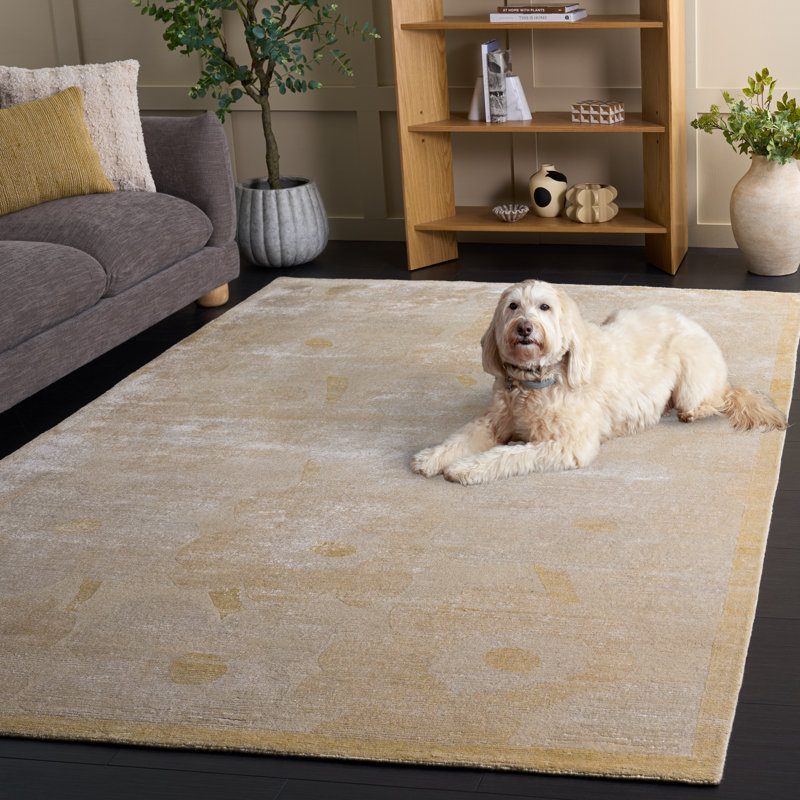 Tapis floral crème / jaune en laine / coton noué à la main Savorey, Rectangle 6 pi x 9 pi