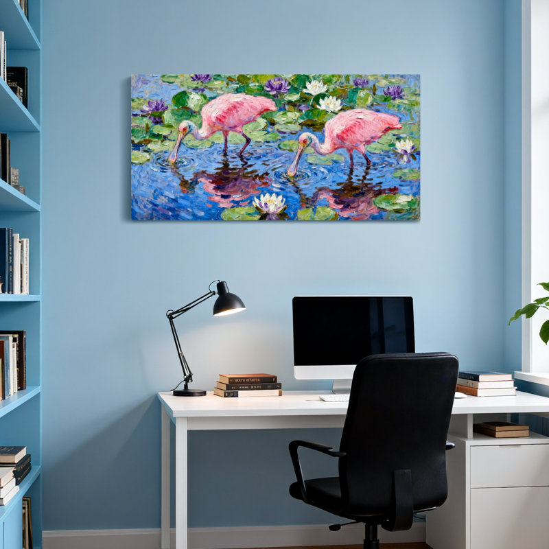 Animaux, flamants roses, nénuphars, étang, reflets, H 16 po x l 32 po