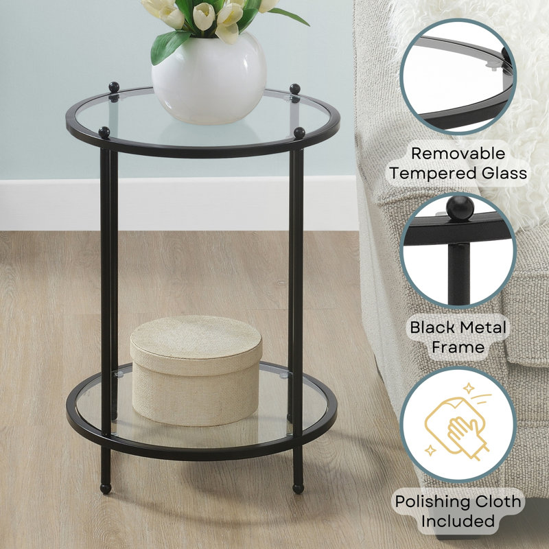 Carolina Round Glass End Table with Metal Shelf, Black