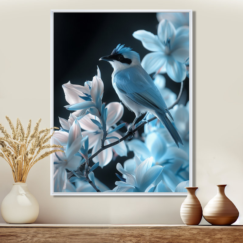 Oiseaux tropicaux bleus et noirs tropicaux - décoration murale oiseau, Toile encadrée flottée blanche