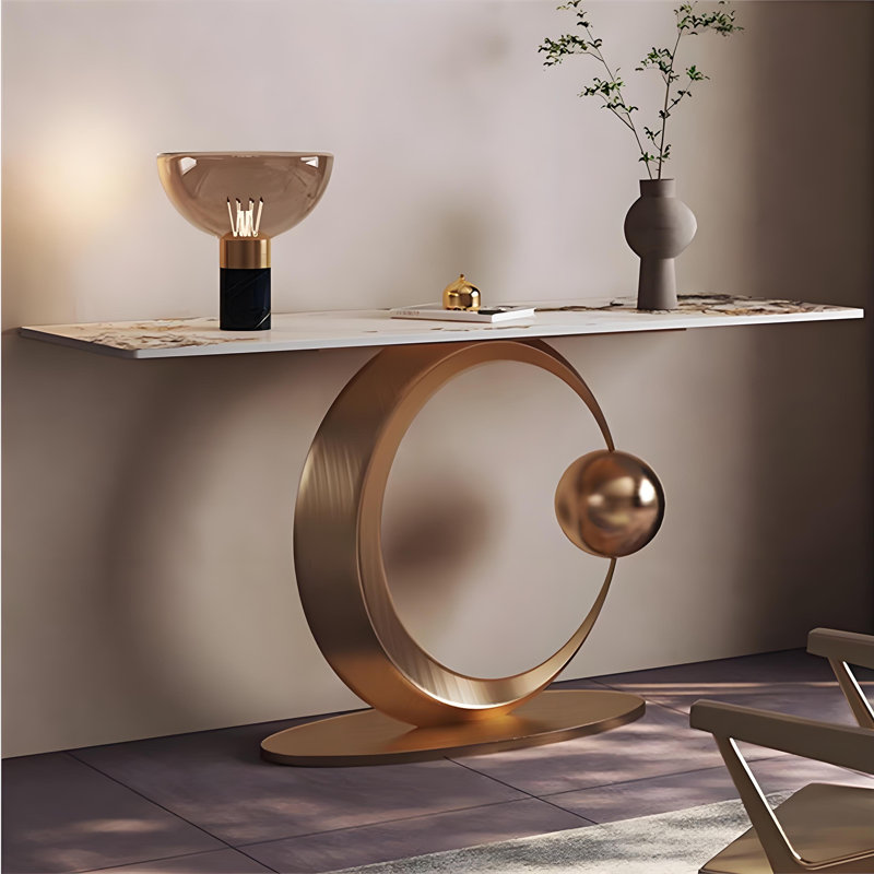 Console en pierre frittée de style italien, 33.4" H x 59" W x 13.7" D, Black / Gold, Gold