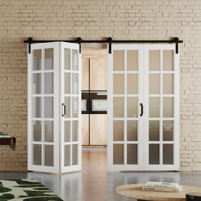 Modern Design Bifold Barn Door - 10 Lites Panel Manufacture Wood Bifold Barn Doors With Hardware, 2 Doors