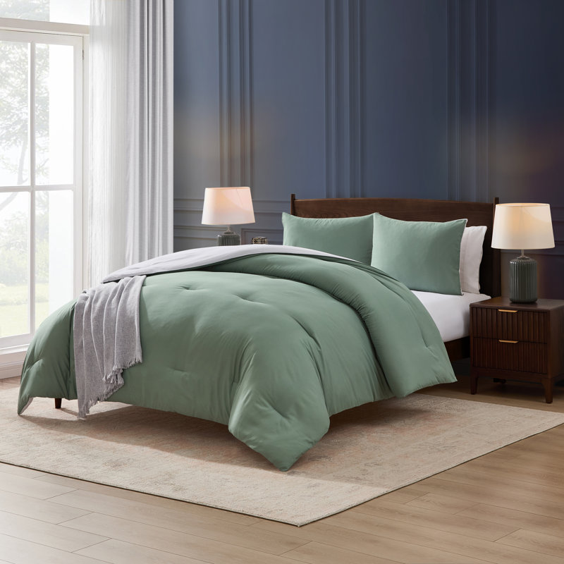 Ensemble d'édredon réversible 3 pièces ultra doux et moderne, Vert sauge / blanc