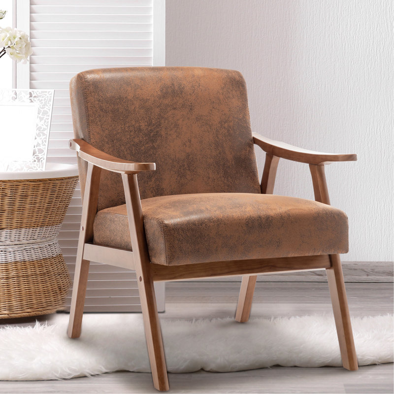 Fauteuil avec structure en bois massif, Tissu brun, H 32,3 po x l 31,1 po x L 26,37 po