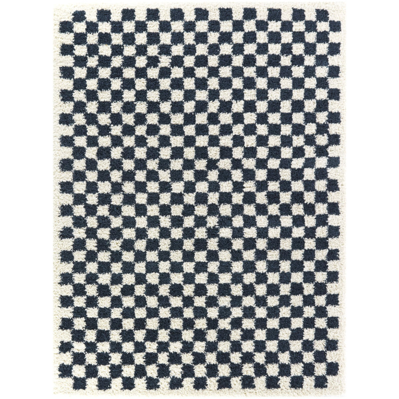 Tapis à poils longs bleu marine / blanc à carreaux Walker, Rectangle 6 pi 7 po x 9 pi