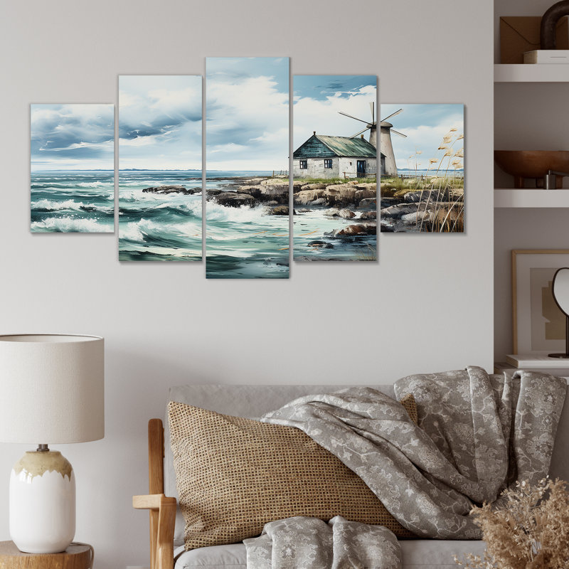 Aquarelle, moulin à vent côtier rétro - éoliennes, décoration murale multipanel
