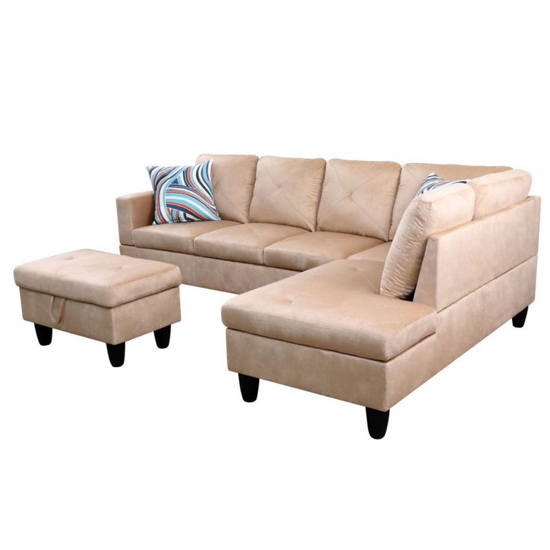 Canapé modulaire en L 3 pièces pour salon Manol, Accoudoir à droite (vu de face), Microfibre/microsuède beige