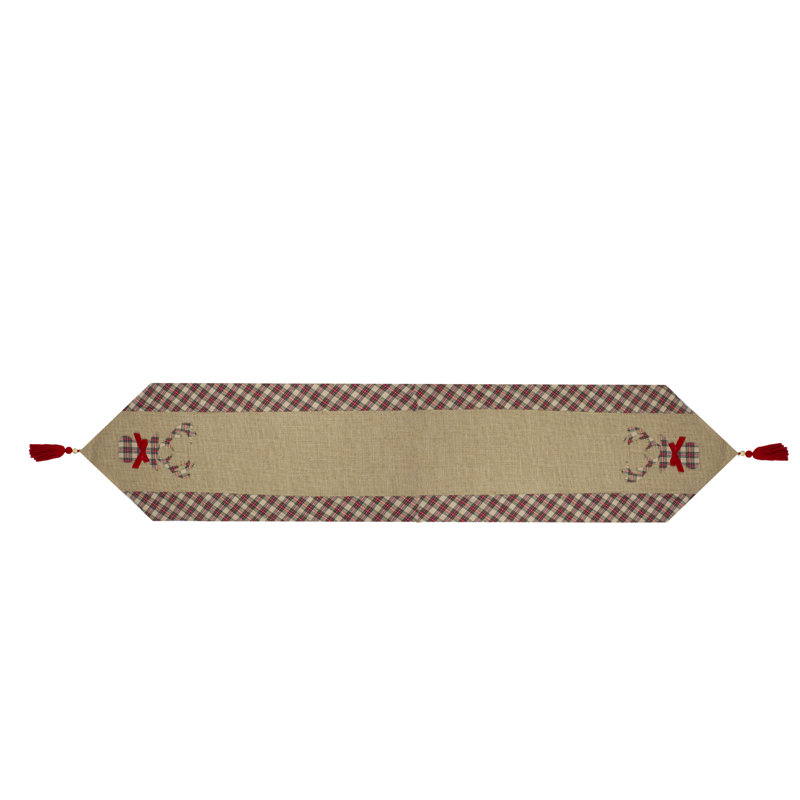Red and Brown Burlap and Plaid Reindeer Christmas Table Runner, 36" x 0.5", Red