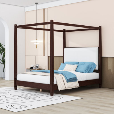 Lit plateforme élégant à baldaquin en bois avec tête de lit tapissier