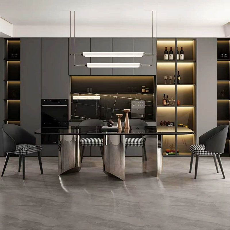 Tempered glass Stainless Steel black Dining Table, 29.53"H x 70.87"L x 35.43"W
