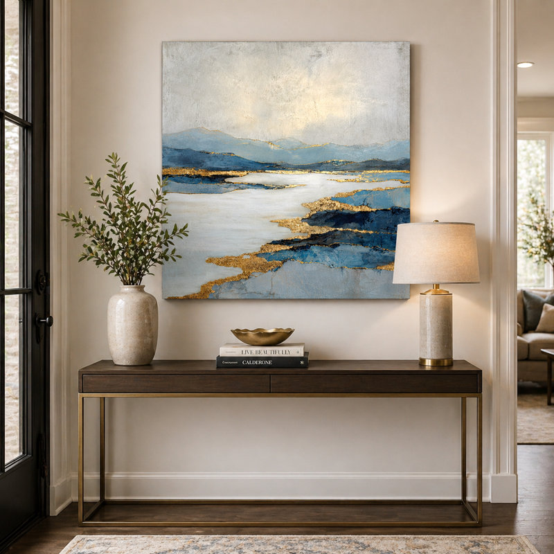 «Mist Over Blue», paysage abstrait, art mural sur toile tendue avec décorations dorées, décor mural moderne bord de mer