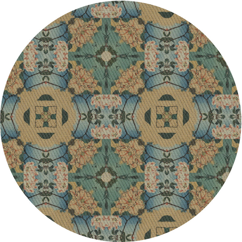 Bleu abstrait/beige/Tapis décoratif vert Penix, Rond 7 pi