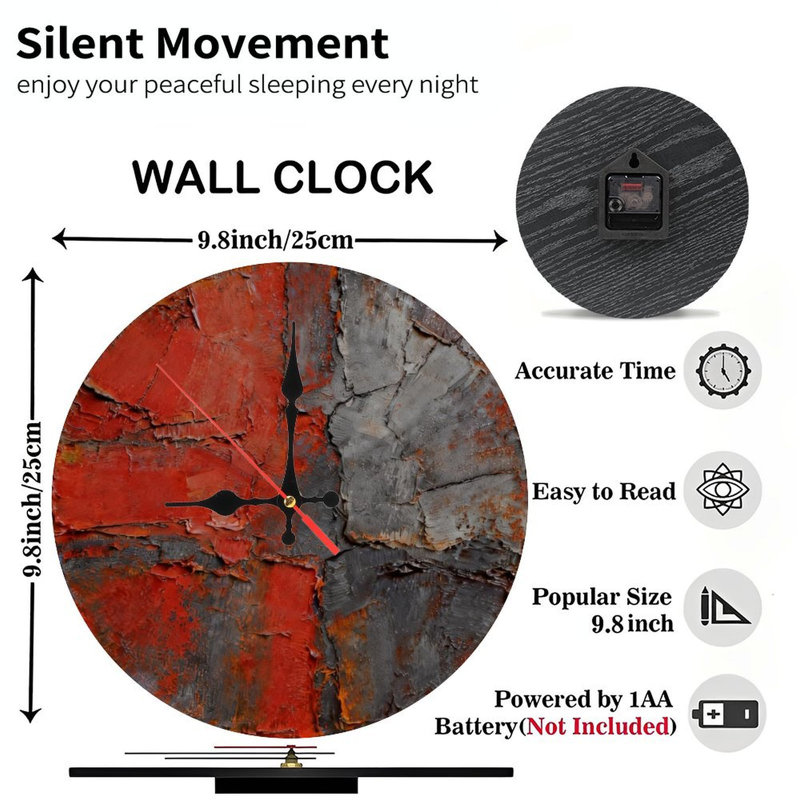 Horloge murale ronde en bois 10 po, mouvement à quartz silencieux, imprimé UV, à piles, Rouge gris