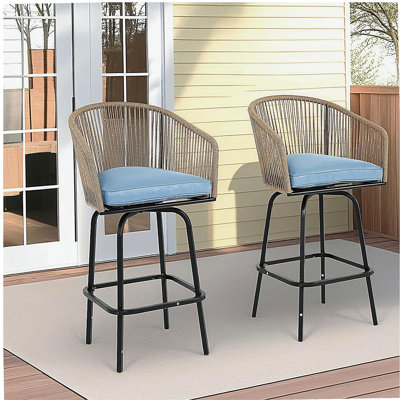 Ensemble de 2 tabourets de bar d'extérieur avec accoudoirs, chaises de bar en rotin toutes saisons avec dossier, tabourets de bar en osier pour la cour, le jardin, la piscine, le balcon et la terrasse - bleu