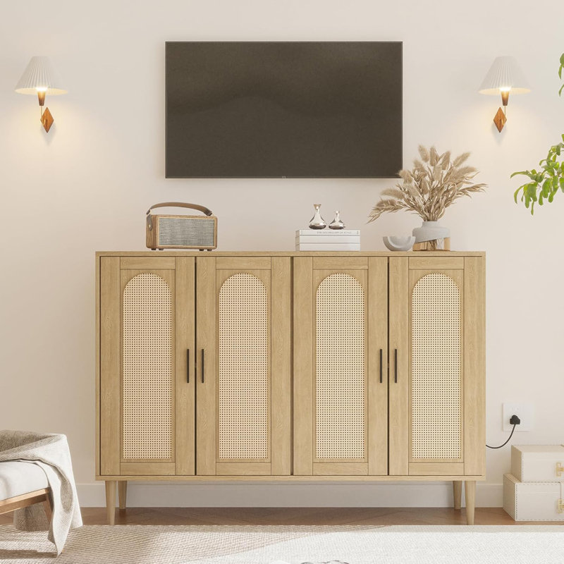 Rattan Sideboard Buffet Cabinet with Power Outlet & 4 Doors, Natural