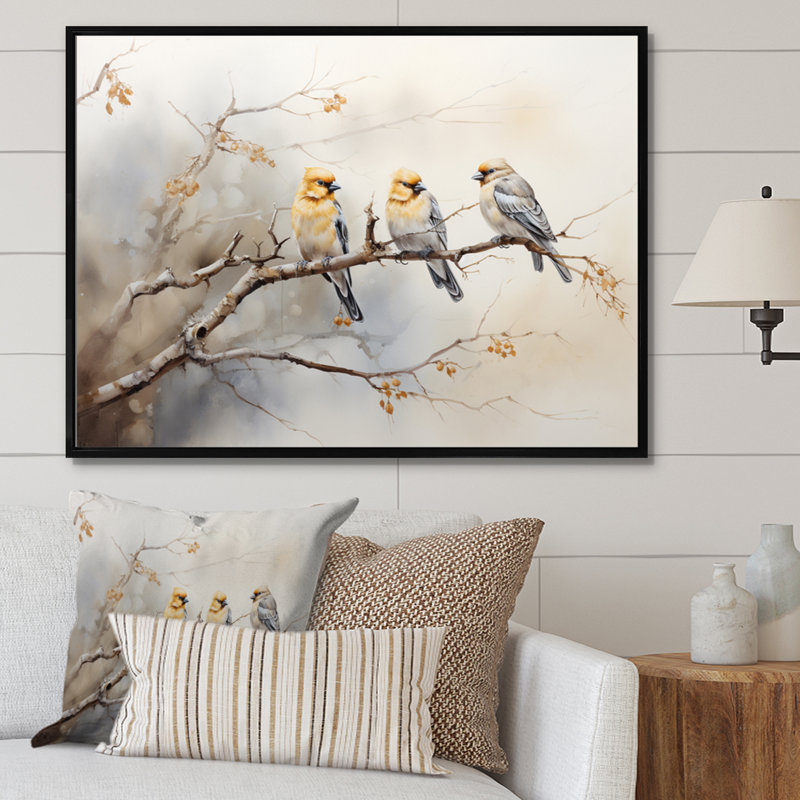 «Bird Silent Watcher VI» - art mural oiseau, H 30 po x l 40 po x P 1,5 po, Cadre flottant noir