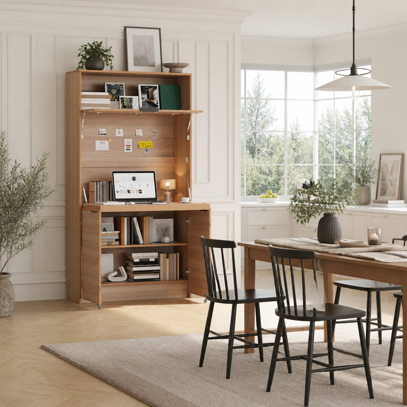 Buffet compact de 91 cm avec vaisselier et poste de travail pliable, Blue
