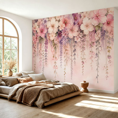 Papier peint adhésif à suspendre papier peint floral, guirlande de fleurs, lavande rose, papier autocollant doux amovible pour décoration de salon, chambre à coucher H 69 po x l 96 po