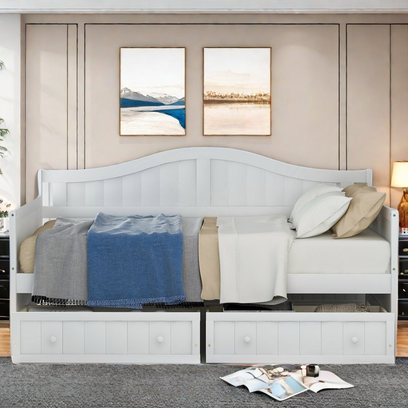 Wooden Daybed With 2 Drawers And Classic Arched Silhouette, White