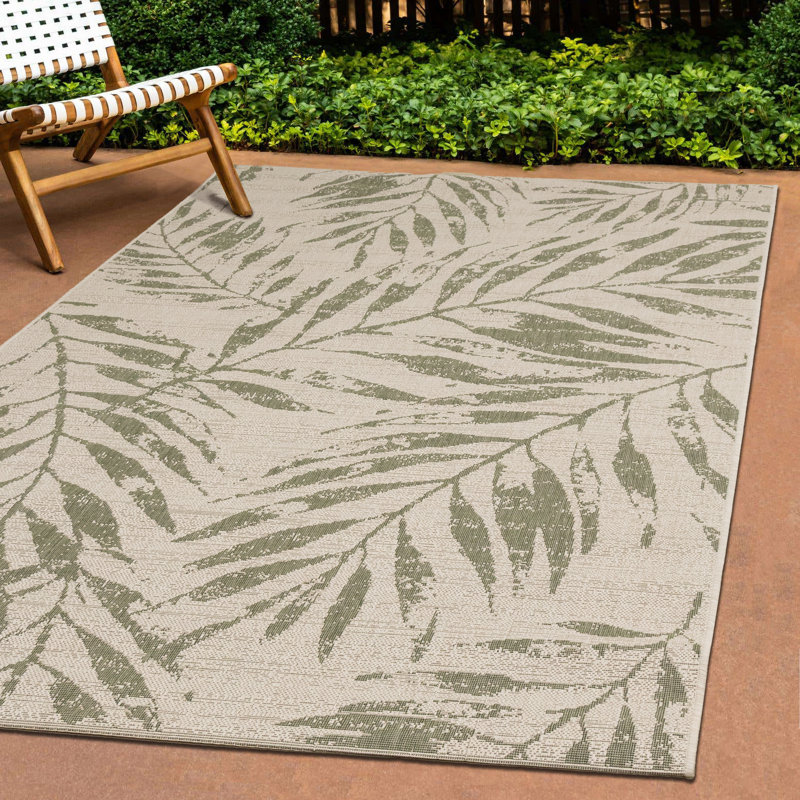 Tapis floral d'intérieur / extérieur scandinave vert floral, 6 pi 7 po x 9 pi 6 po
