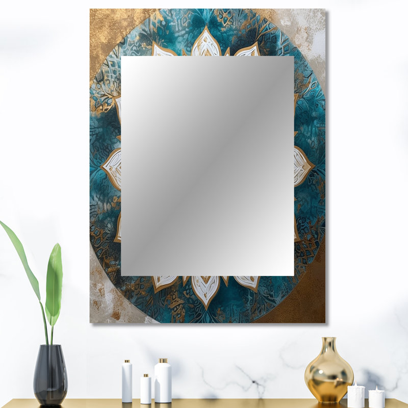 Teal And Gold Mandala II - Boho Mandala Decorative Mirror, Traditional Wall Mirror, Printed Metal Art, 40" x 30"