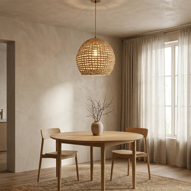Stauton 1 - Light Natural Globe Pendant Light Handmade Natural Rattan Shade in Brass Finish Coastal Kitchen Light