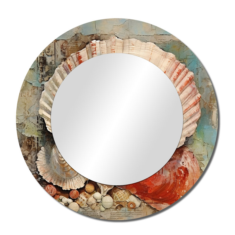 Abstrait Seashell Treasures II - coquillage unique miroir mural, miroir rond moderne, impression d'art en métal