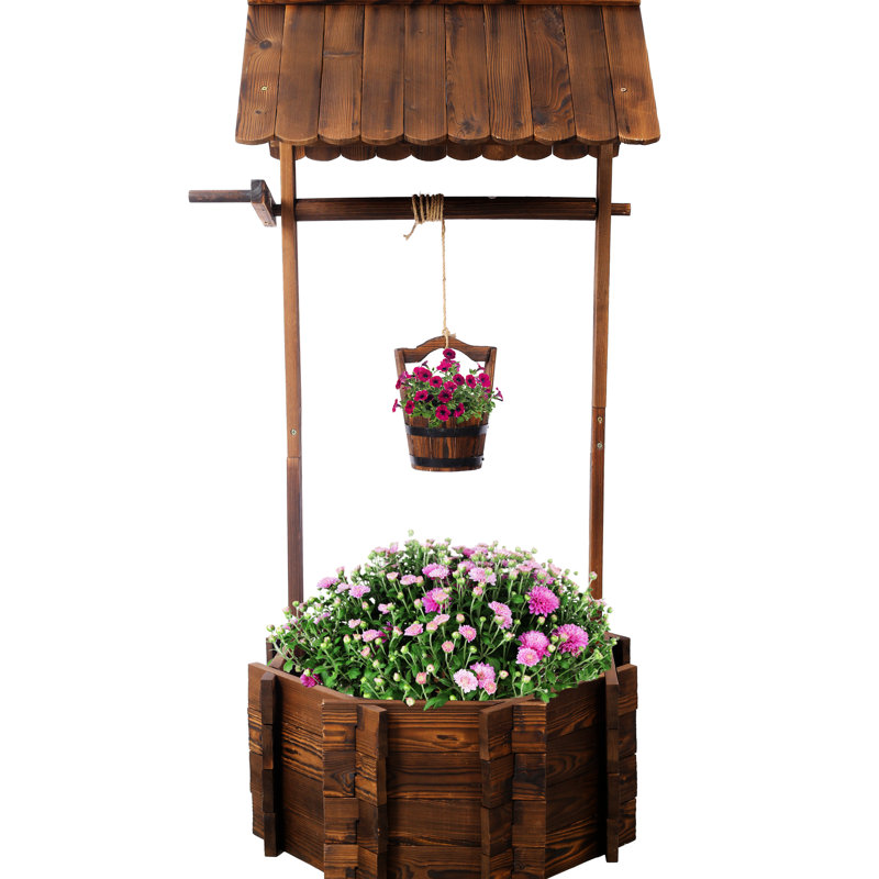 Wooden Rustic Wishing Well Planter For Garden, With Hanging Bucket And Shade Longevity, 25X25x53 Patio Captivation,