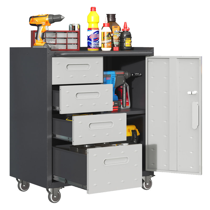 Armoire de rangement en métal robuste pour le garage, le bureau et la maison. Roues verrouillables, plateau surélevé. 4 tiroirs latéraux, tablettes réglables. Outil noir / gris - surface supérieure à 360 °, espace.