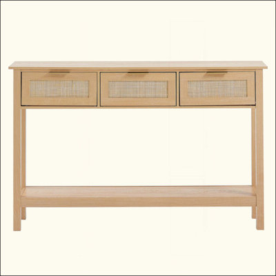 Console en rotin naturel avec 3 tiroirs de rangement, table d'entrée multifonctionnelle avec tablette ouverte, table d'appoint rustique pour salon, bureau ou meuble TV.