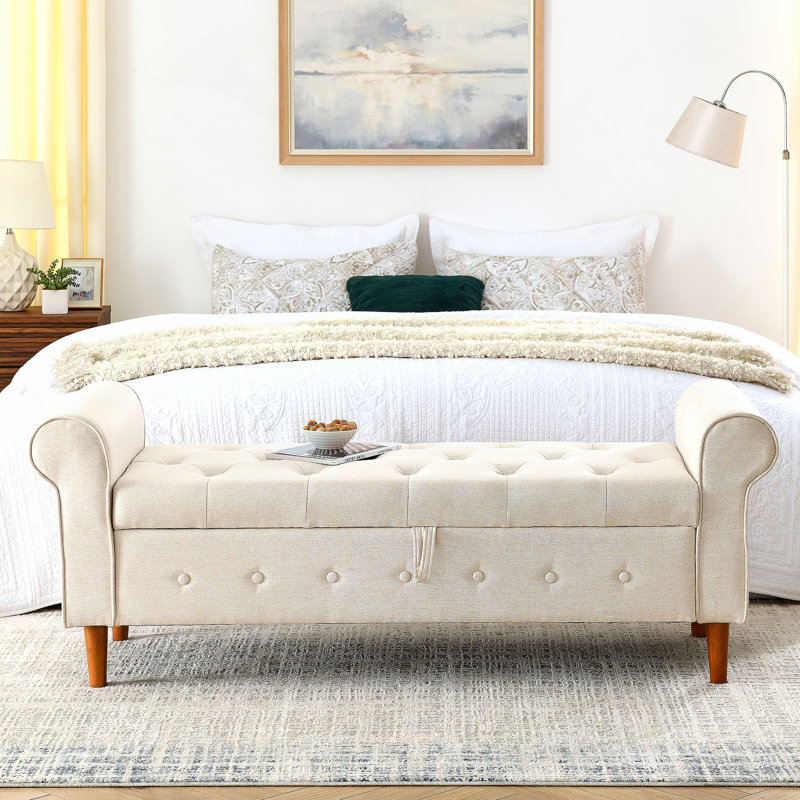 62" Bedroom Tufted Button Storage Bench, Modern Fabric Upholstered Ottoman, Window Bench with Rolled Arm Design, Beige