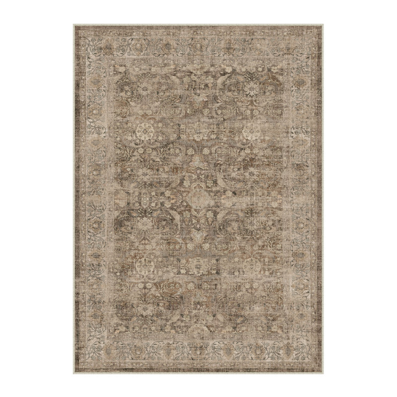 Bremerton Vintage Washable Light Brown Area Rug With Non-Slip Backing, Rectangle 6' x 9', Light Brown