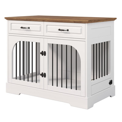 Meuble pour chien de ferme 43,3 po, cage pour chien en bois avec 2 tiroirs de rangement et bols rotatifs, cage de bar en métal sécurisée pour chiens de taille moyenne et moyenne, table d'appoint pour cage d'intérieur pour chien, blanc et brun