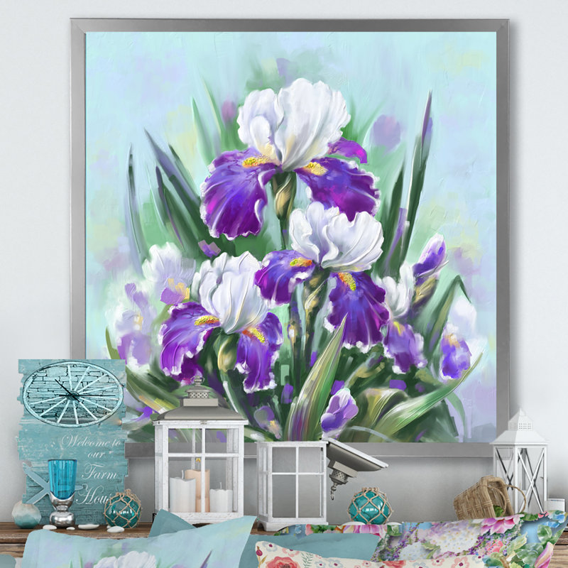 Fleurs et iris mauves en fleurs, Impression argent sur toile encadrée, H 36 po x l 36 po x P 1,5 po