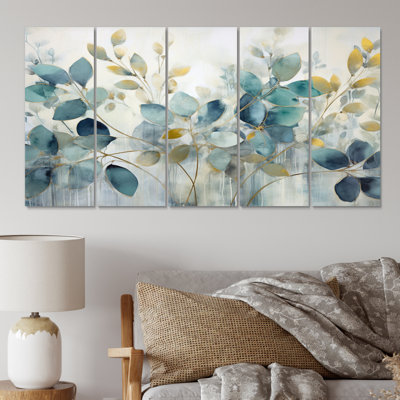 «Blue Botanical Rhythms II - Abstract Botanicals», reproduction sur toile - 5 panneaux égaux