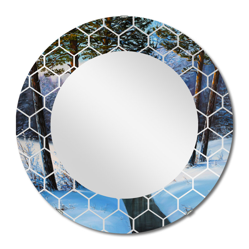 Forêt de Noël avec rivière et arbres III - Miroir mural traditionnel, 24 po x 24 po