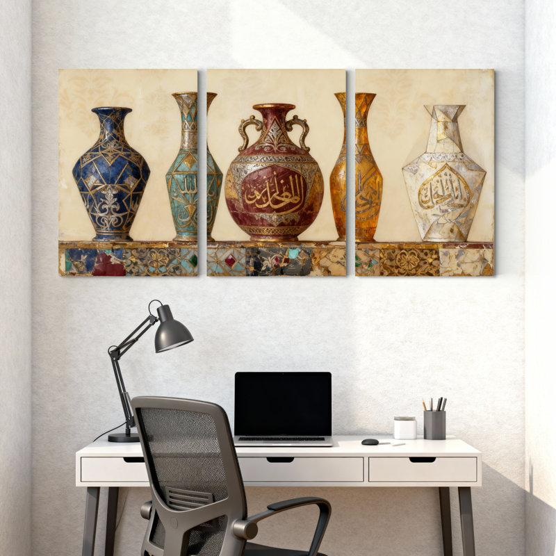 vase de poterie, vases arabes avec calligraphie et motifs, ensemble de 3 impressions sur toile, H 18 po x l 36 po