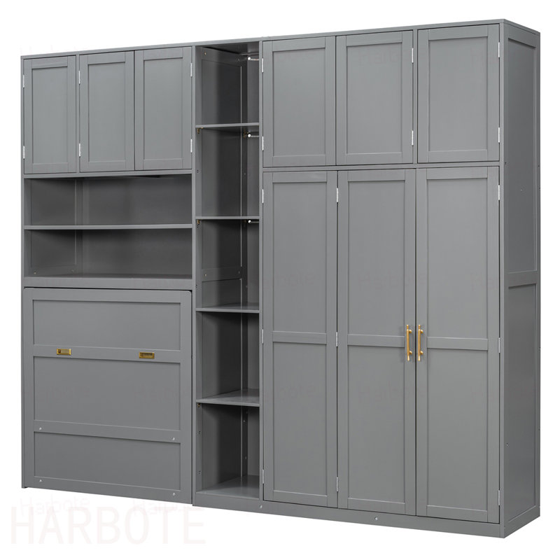 Lit escamotable simple avec garde-robe et tablettes de rangement, tablettes à DEL à 5 niveaux, armoires suspendues, Grey