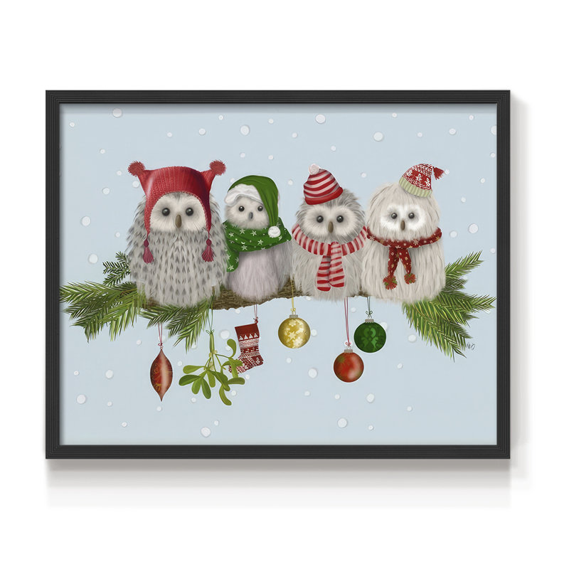 Hiboux de Noël moelleux sur une branche - reproduction encadrée - réversible, H 22 po x l 28 po, Noir, noir, noir, noir