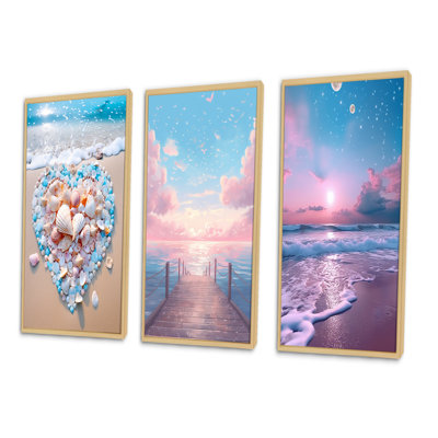 " Pink And Turquoise Heart On The Beach " 3 - Pieces