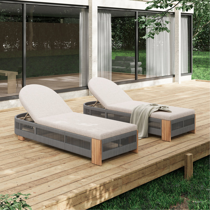 Outdoor Patio Grey Rope And Natural Iron Wood Adjustable Uncushioned Lounge Chair Of 2 With Frame Structure Build, 2