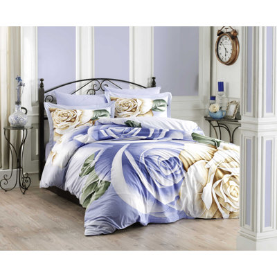 Ensemble de housse de couette 100% coton blanc / bleu / vert Hadlock