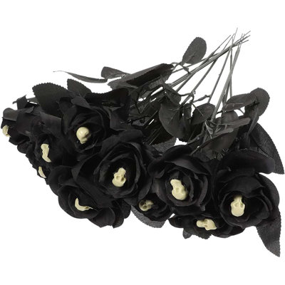 Lot de 10 roses gothiques artificielles en forme de crâne noir, fleurs artificielles effrayantes pour l'Halloween, idéales pour décorer une table en intérieur ou en extérieur.