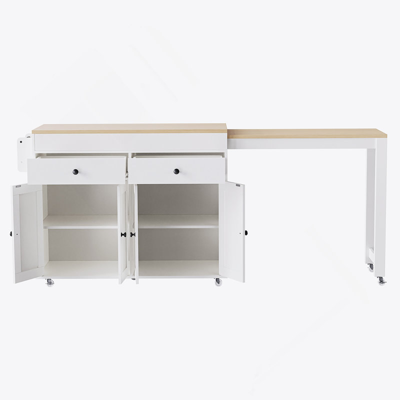 74.5 Inch Extendable Dining Table Kitchen Island With Wheels, Spice Rack, 2 Drawers, And 4 Door Cabinet For Versatile Storage And Functionality