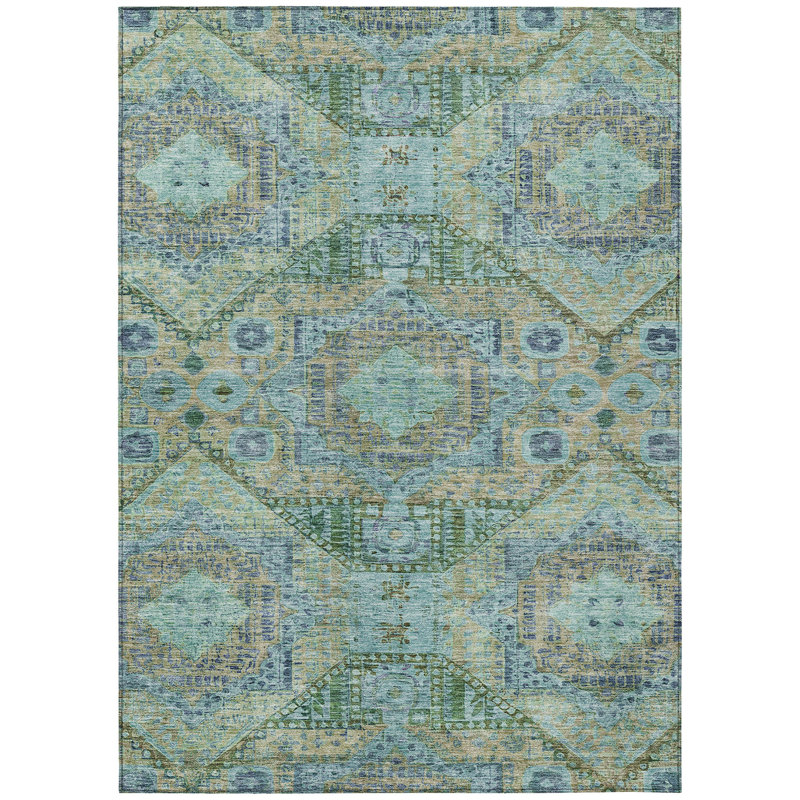 Machine Washable Indoor/Outdoor Xhevrie Green Rug, Rectangle 2'6" x 3'10"