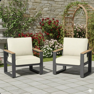 Ensemble de 2 fauteuils de patio en aluminium toutes saisons de 26,6 po avec coussins beiges épais